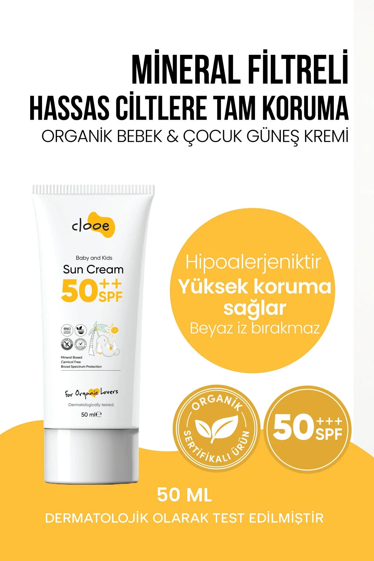 Clooe Organik Bebek Çocuk Güneş Kremi SPF50 önden görünüm
