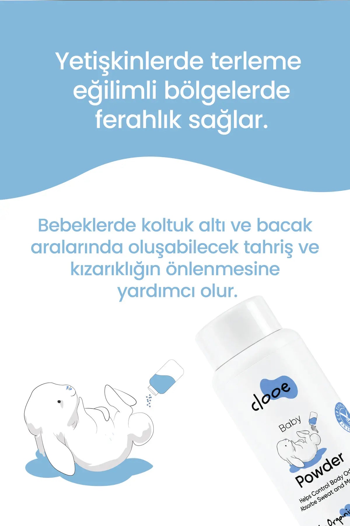 Clooe Talk İçermeyen Vegan Bebek Pudrası 150g kullanım örneği