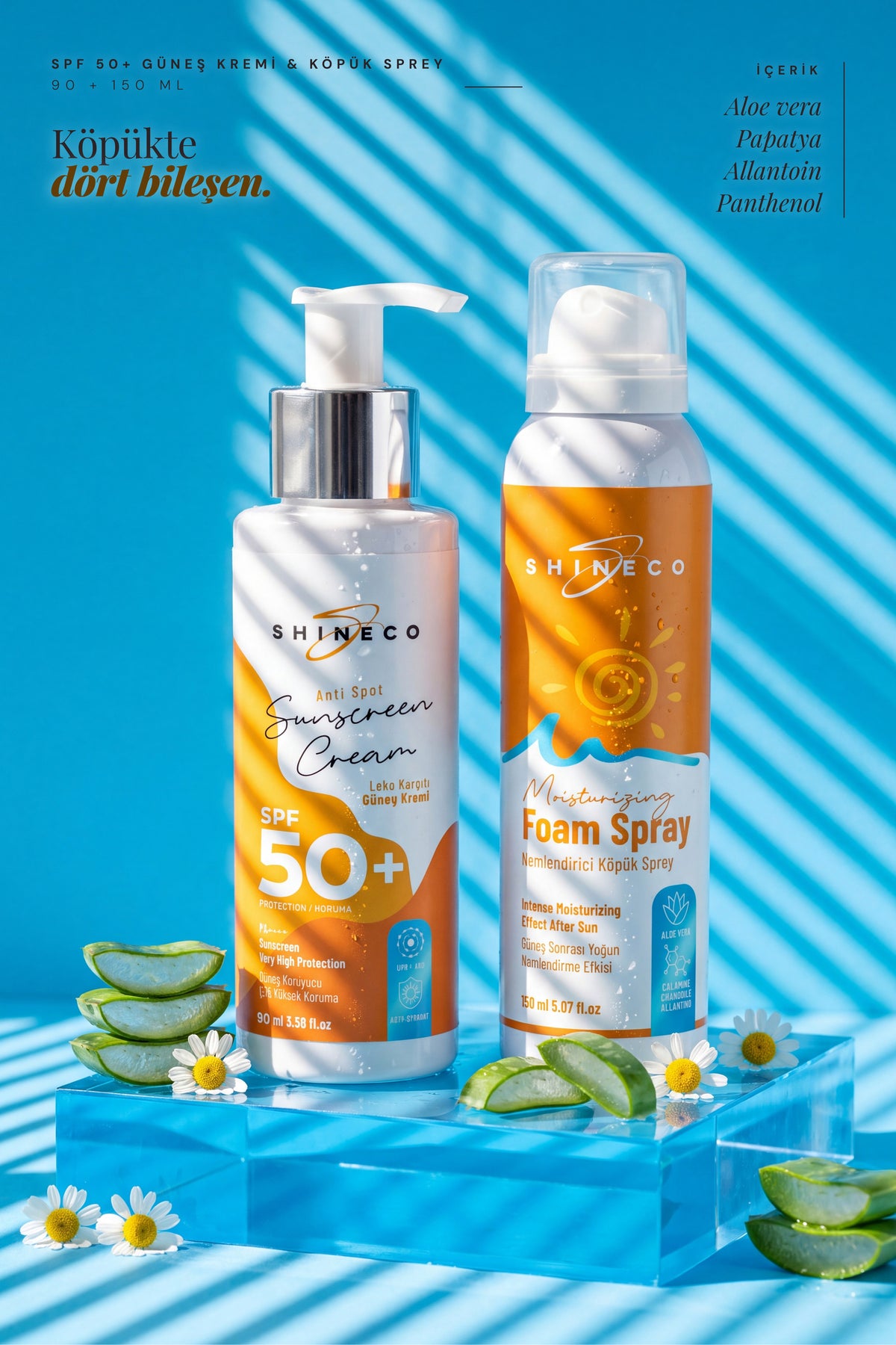 Shineco SPF 50+ Leke Karşıtı Güneş Kremi 90 ml + Güneş Sonrası Köpük Sprey 150 ml