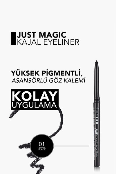 Flormar Just Magic Kajal Liner Asansörlü Yumuşak Dokulu Göz Kalemi – 001 Black
