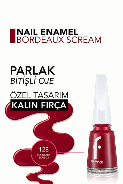 Flormar Nail Enamel FNE-128 Bordeaux Scream fırça yakın çekim