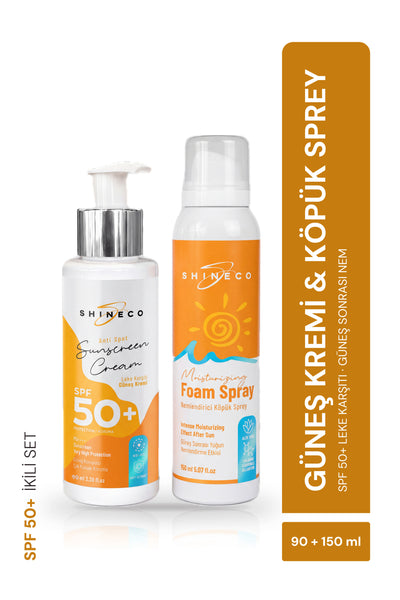 Shineco SPF 50+ Leke Karşıtı Güneş Kremi 90 ml + Güneş Sonrası Köpük Sprey 150 ml
