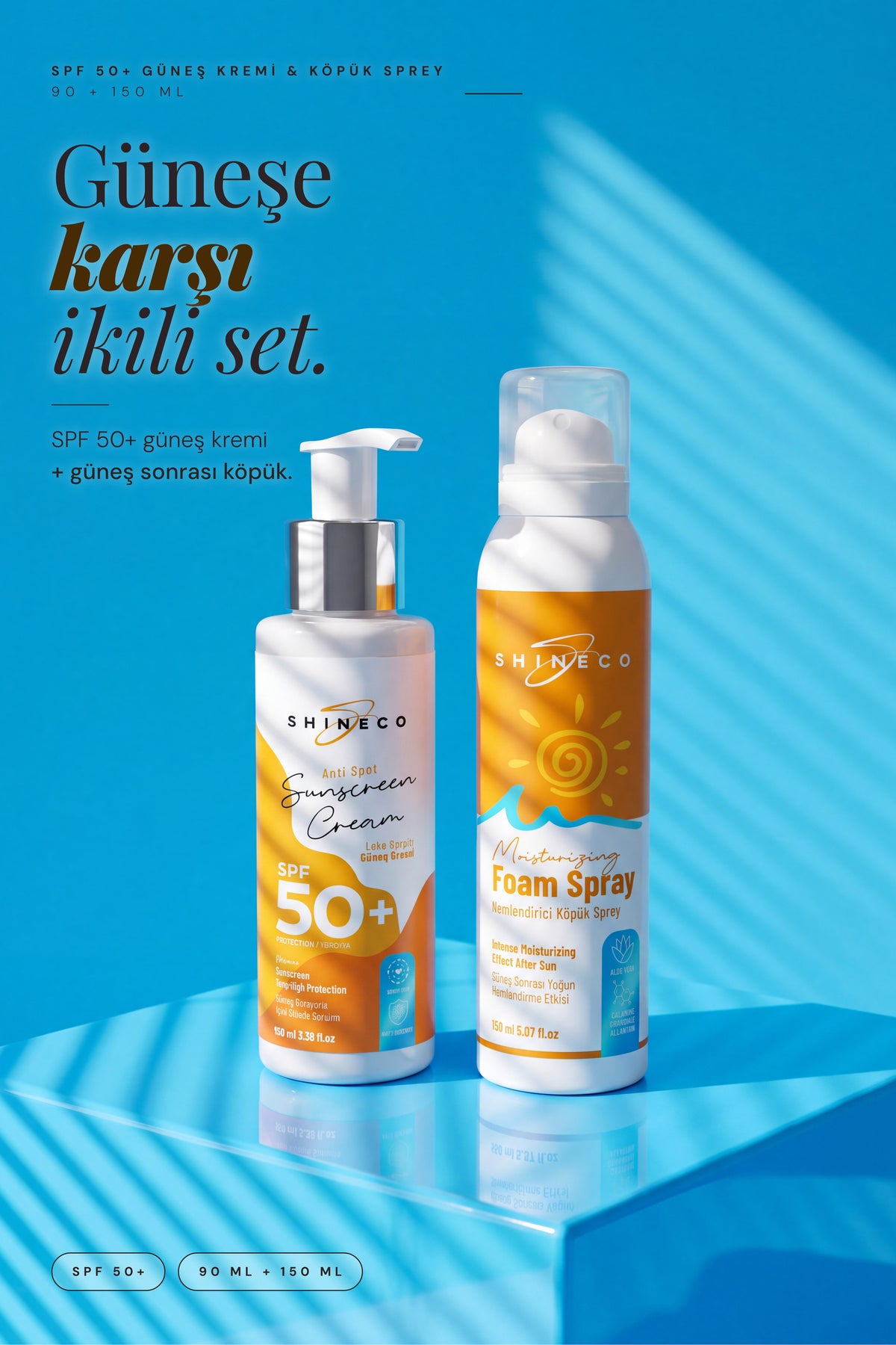 Shineco SPF 50+ Leke Karşıtı Güneş Kremi 90 ml + Güneş Sonrası Köpük Sprey 150 ml